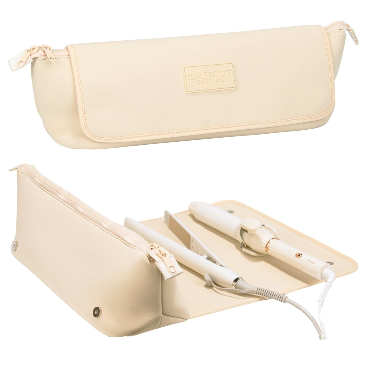 Barefoot Caribou travel bag with heat-resistant mat protecting surfaces during styling on the go