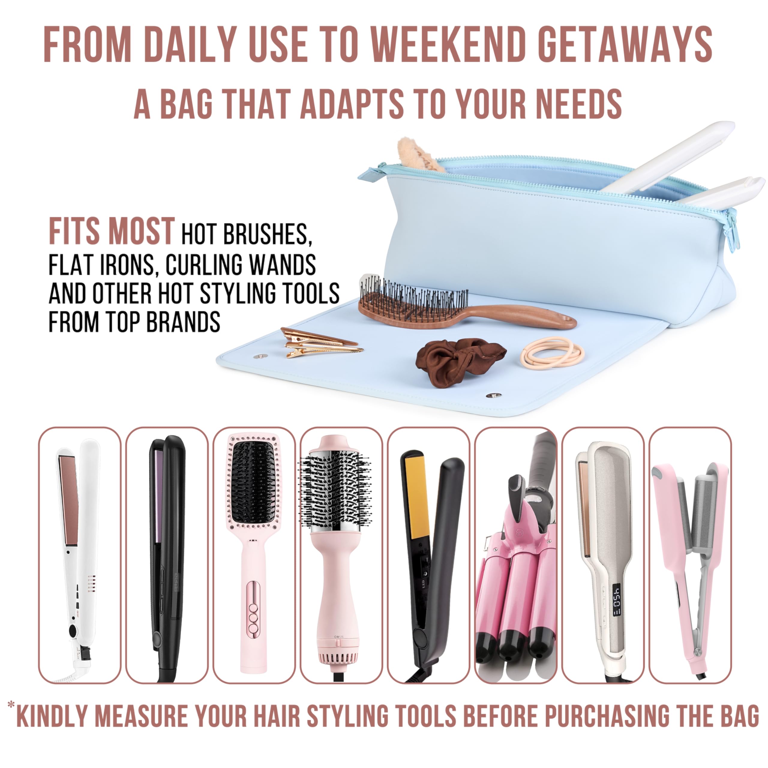 Barefoot Caribou travel bag holds multiple heat tools including irons and wands