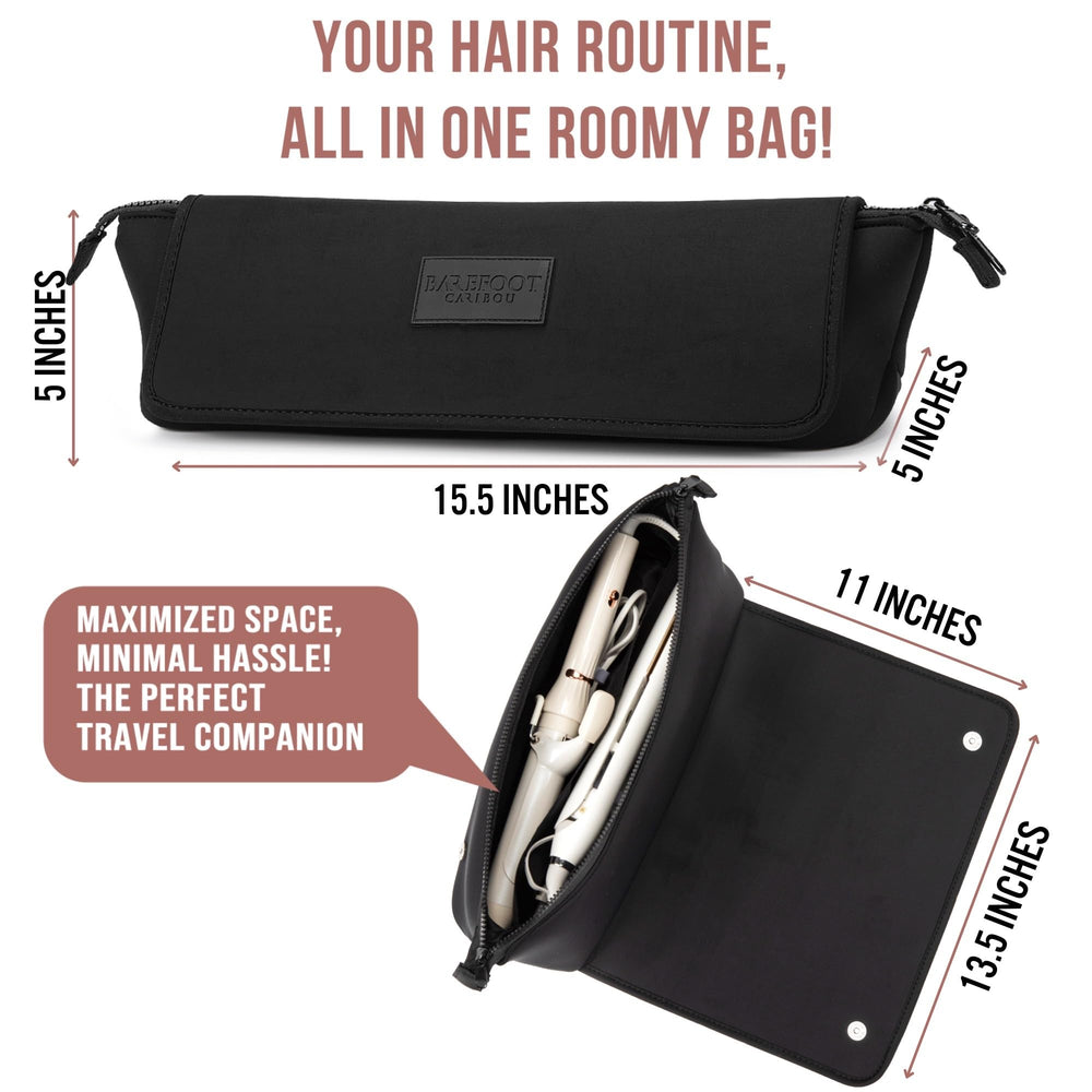 Barefoot Caribou travel bag open top reveals organized interior for cords, clips, and tools.