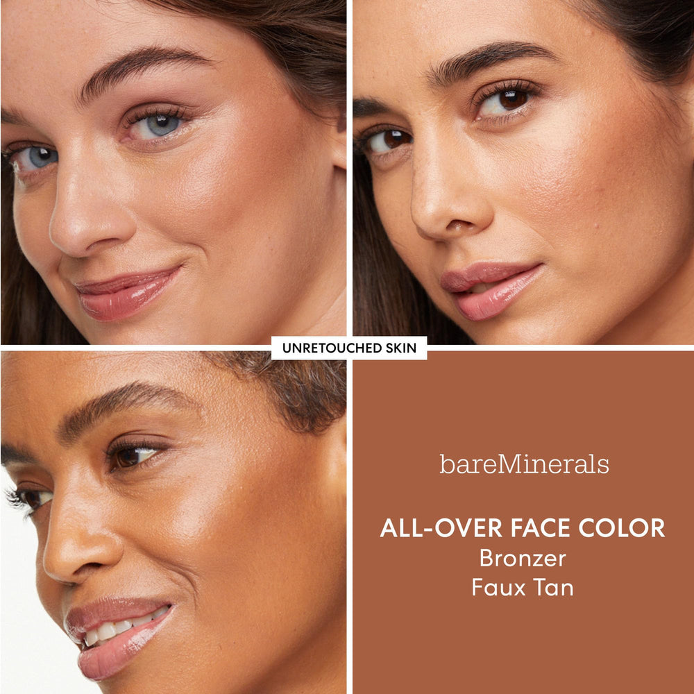 Application-area demo on cheeks and browbones for subtle glow with BareMinerals bronzer.