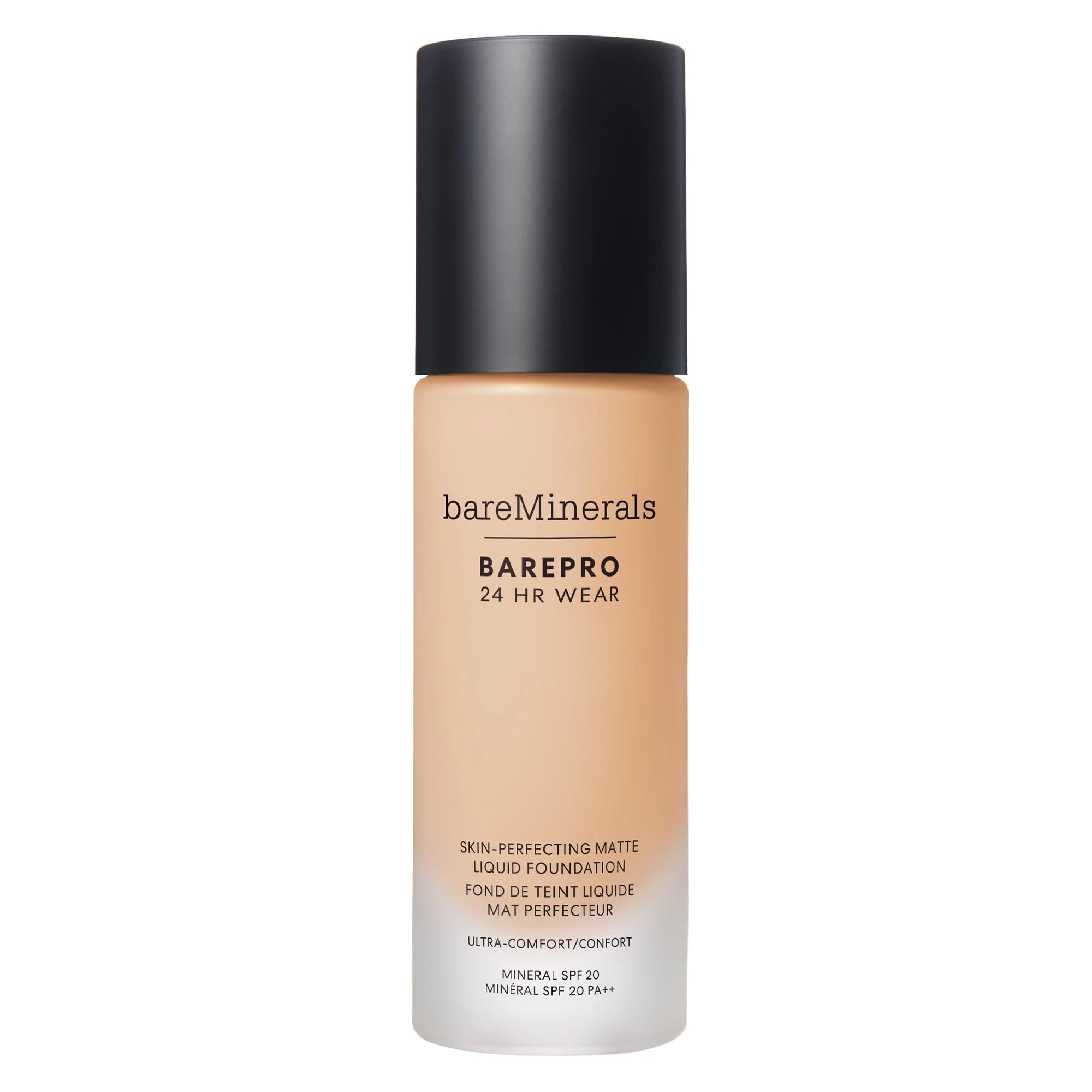 Bareminerals Barepro 24HR bottle shows weightless matte finish for all-day wear.