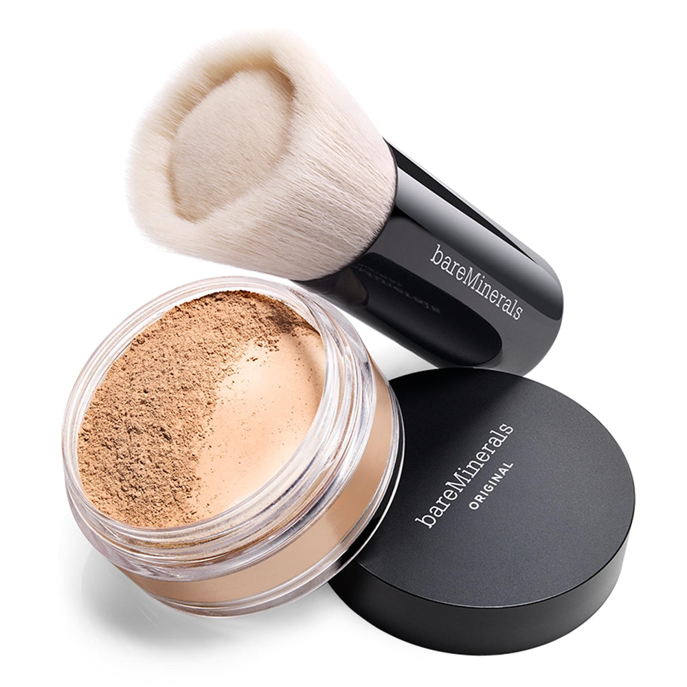bareMinerals Beautiful Finish Brush large skirted head deposits more product efficiently