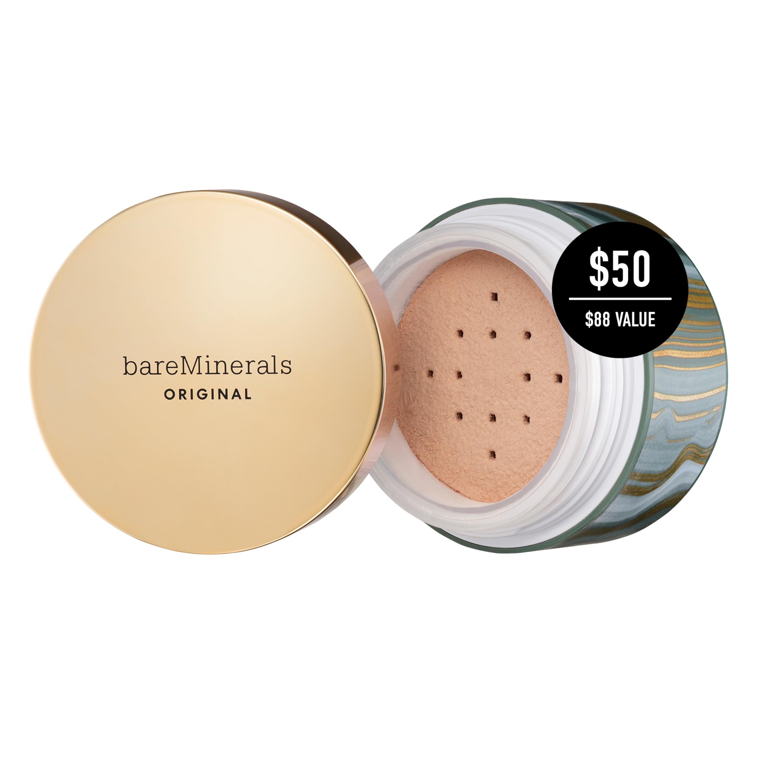 BareMinerals Deluxe Original loose foundation SPF 15 label highlights protection and shade Medium Beige.