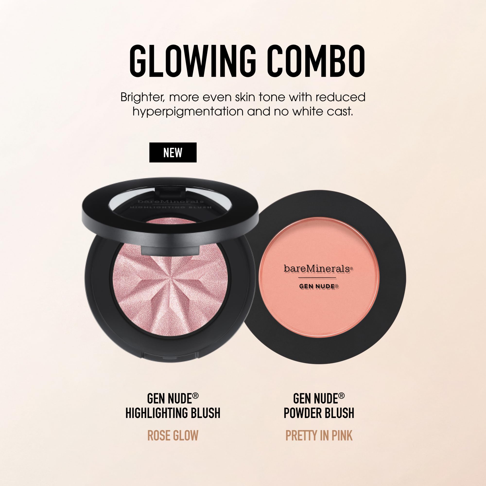 BareMinerals Gen Nude Highlighting Blush layers with Gen Nude Powder Blush for intensity.