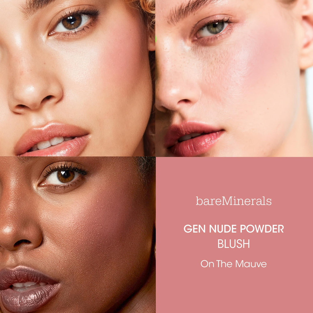 bareMinerals Gen Nude Powder Blush creamy swatch on cheek provides soft, buildable color.
