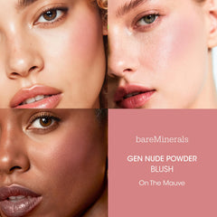bareMinerals Gen Nude Powder Blush creamy swatch on cheek provides soft, buildable color.