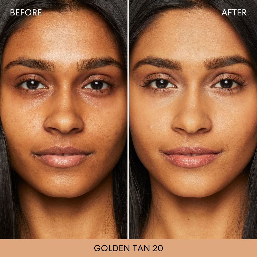 BareMinerals Golden Tan 20 swatch on skin for sun-kissed warmth.