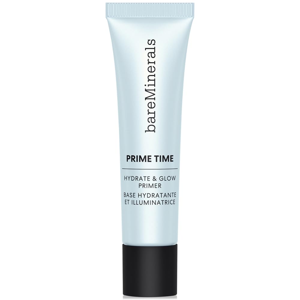 bareminerals hydrate & glow primer bottle demonstrates a hydrating, glow-boosting base for makeup