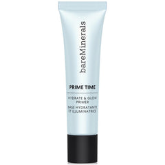 bareminerals hydrate & glow primer bottle demonstrates a hydrating, glow-boosting base for makeup