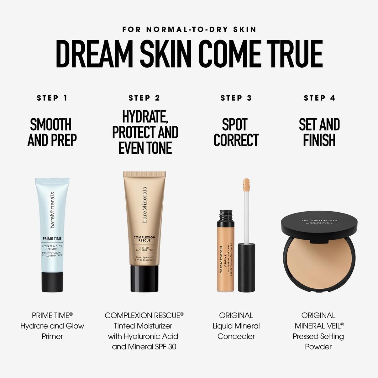 bareminerals hydrate & glow primer packaging showcases a dermatologist-tested, clean formula