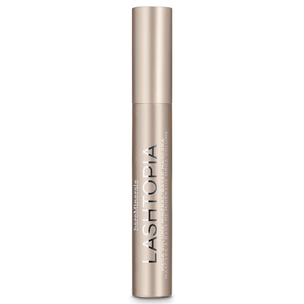 BareMinerals Lashtopia Mega Volume Mascara brush closeup with fluffy bristles for even lash coating.