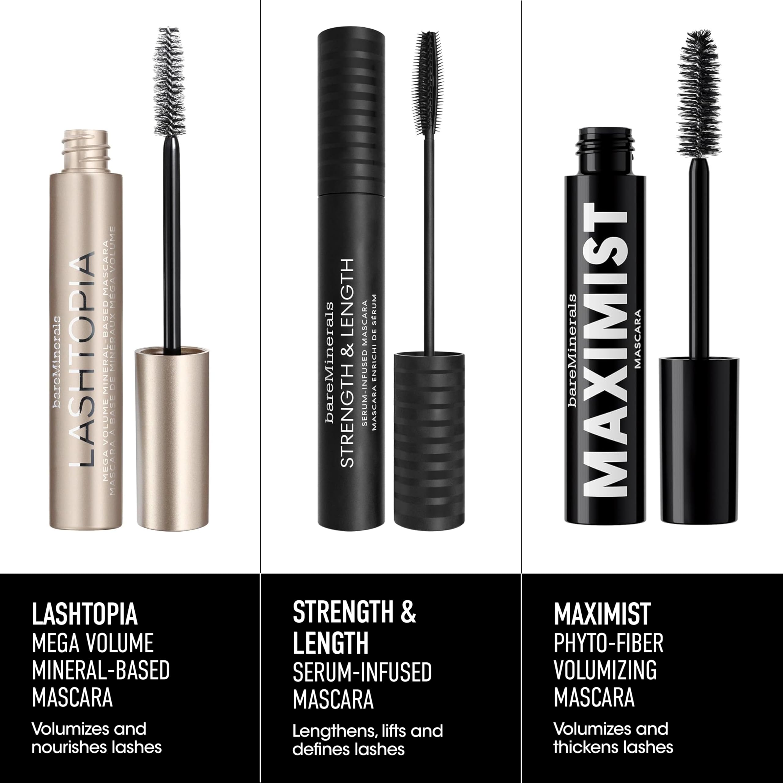 BareMinerals Lashtopia Mega Volume Mascara cruelty-free packaging on shelf.