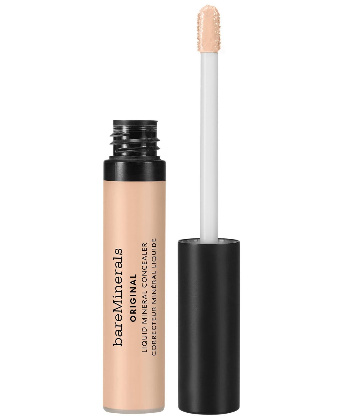 bareMinerals Original Liquid Mineral Concealer tube close-up showing creamy texture for brightening under-eyes.