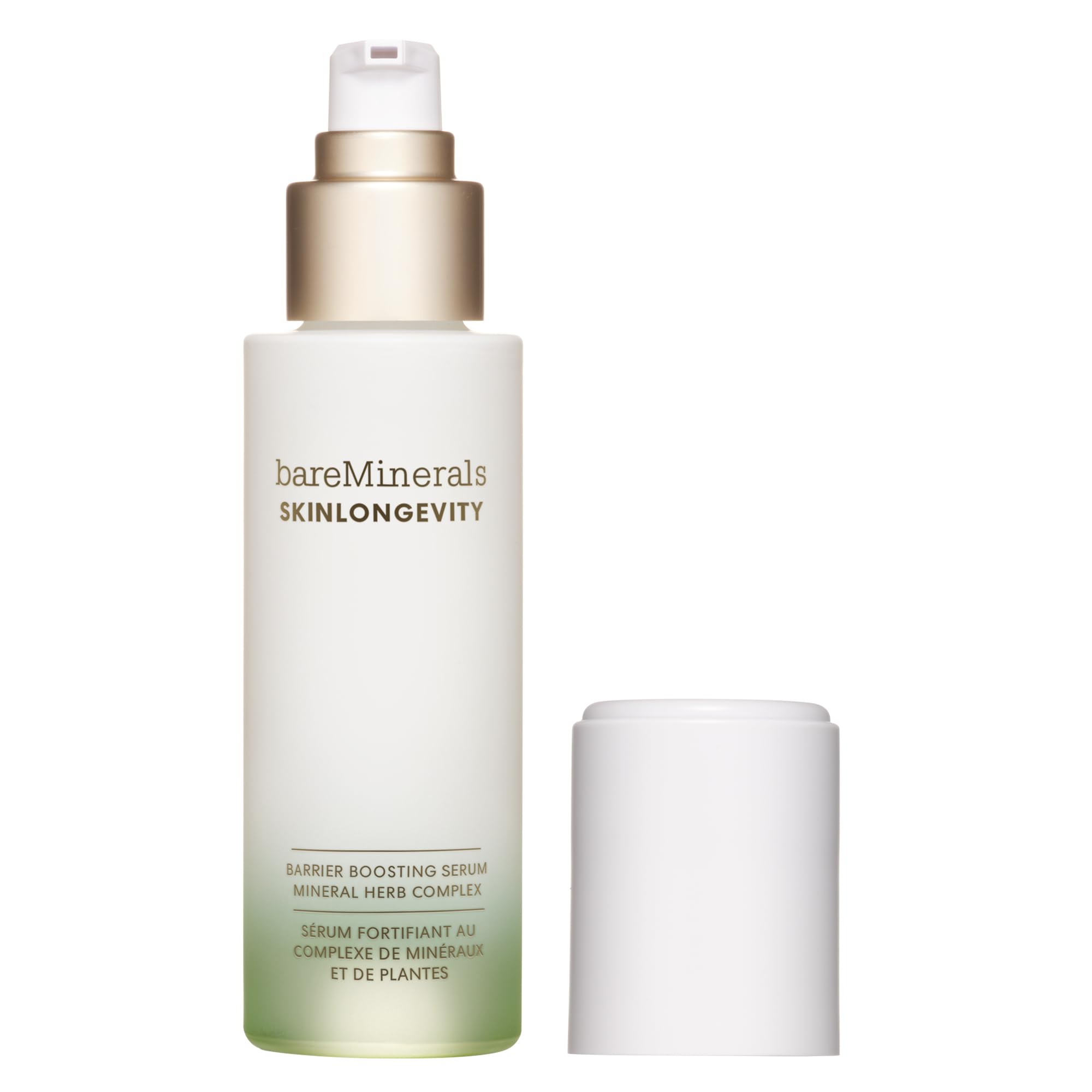 BareMinerals Skinlongevity serum bottle front showing barrier support and daily hydration