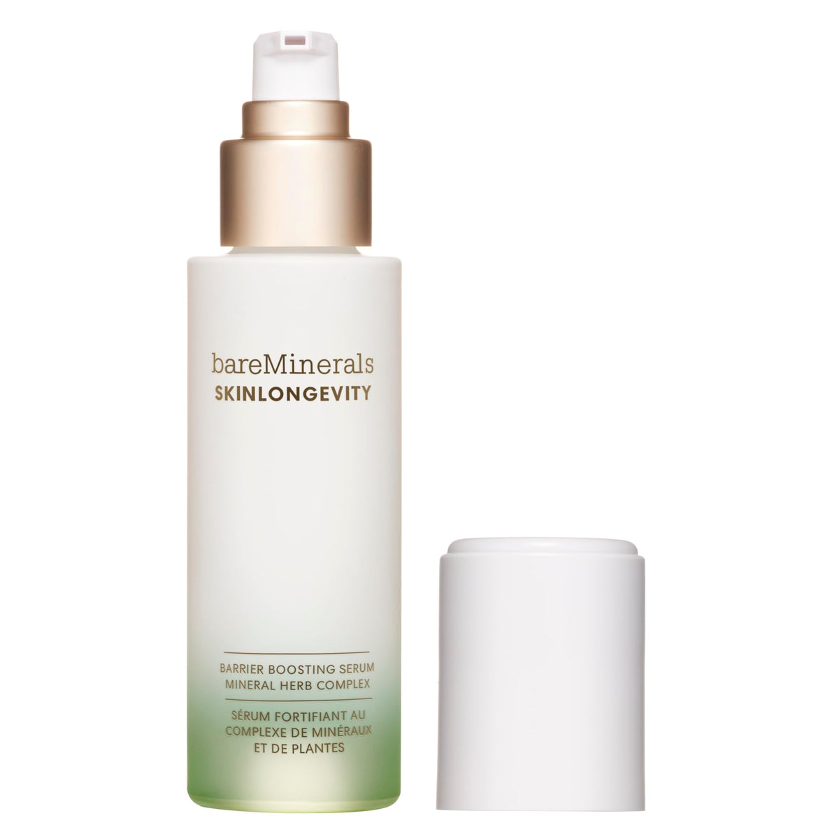 BareMinerals Skinlongevity serum bottle front showing barrier support and daily hydration