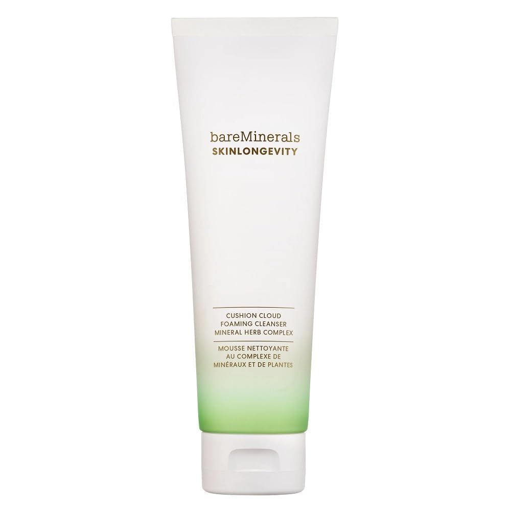 bareMinerals Skinlongevity cleanser bottle demonstrates gentle makeup removal.