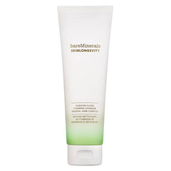 bareMinerals Skinlongevity cleanser bottle demonstrates gentle makeup removal.