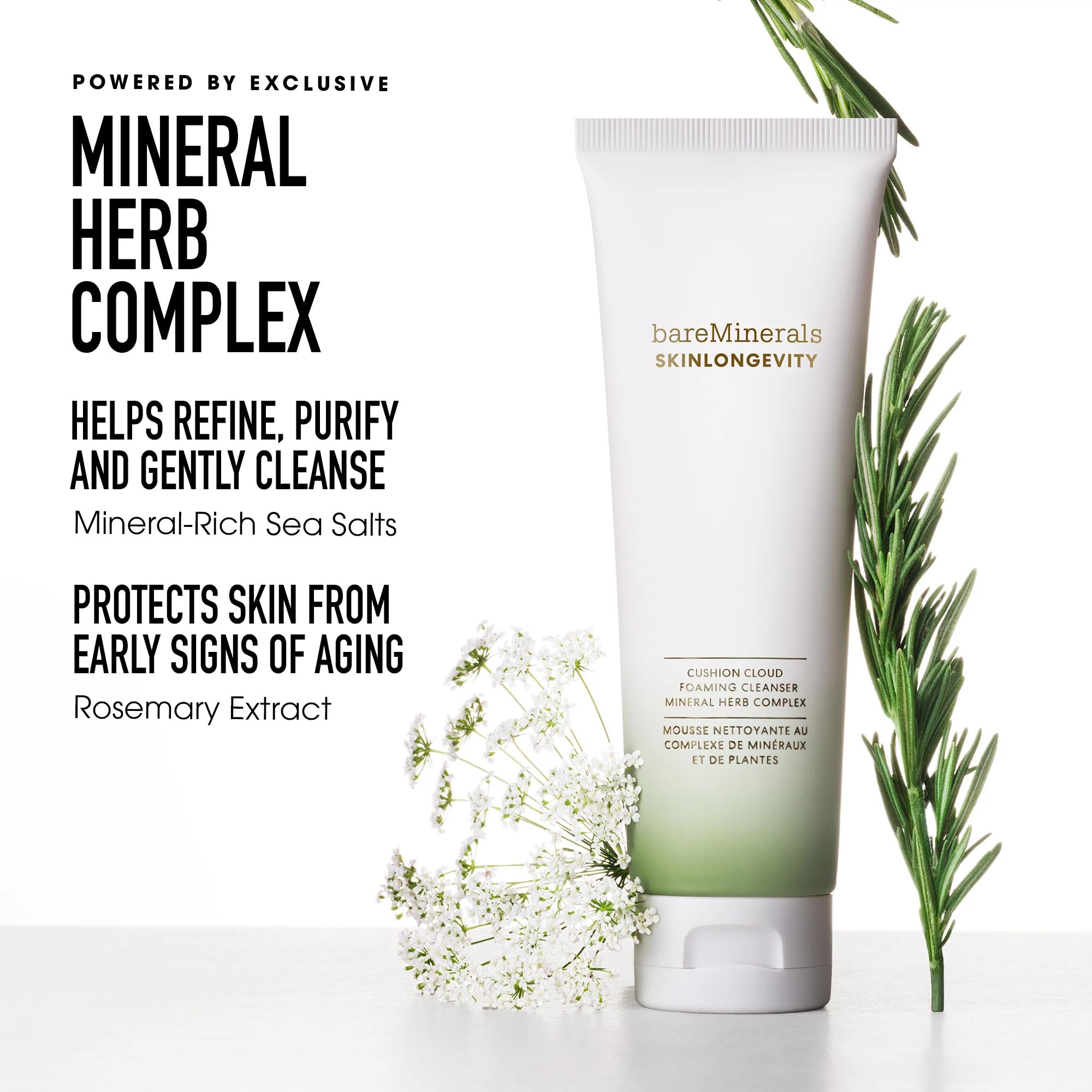 bareMinerals Skinlongevity Mineral Herb Complex highlights nourishing ingredients.