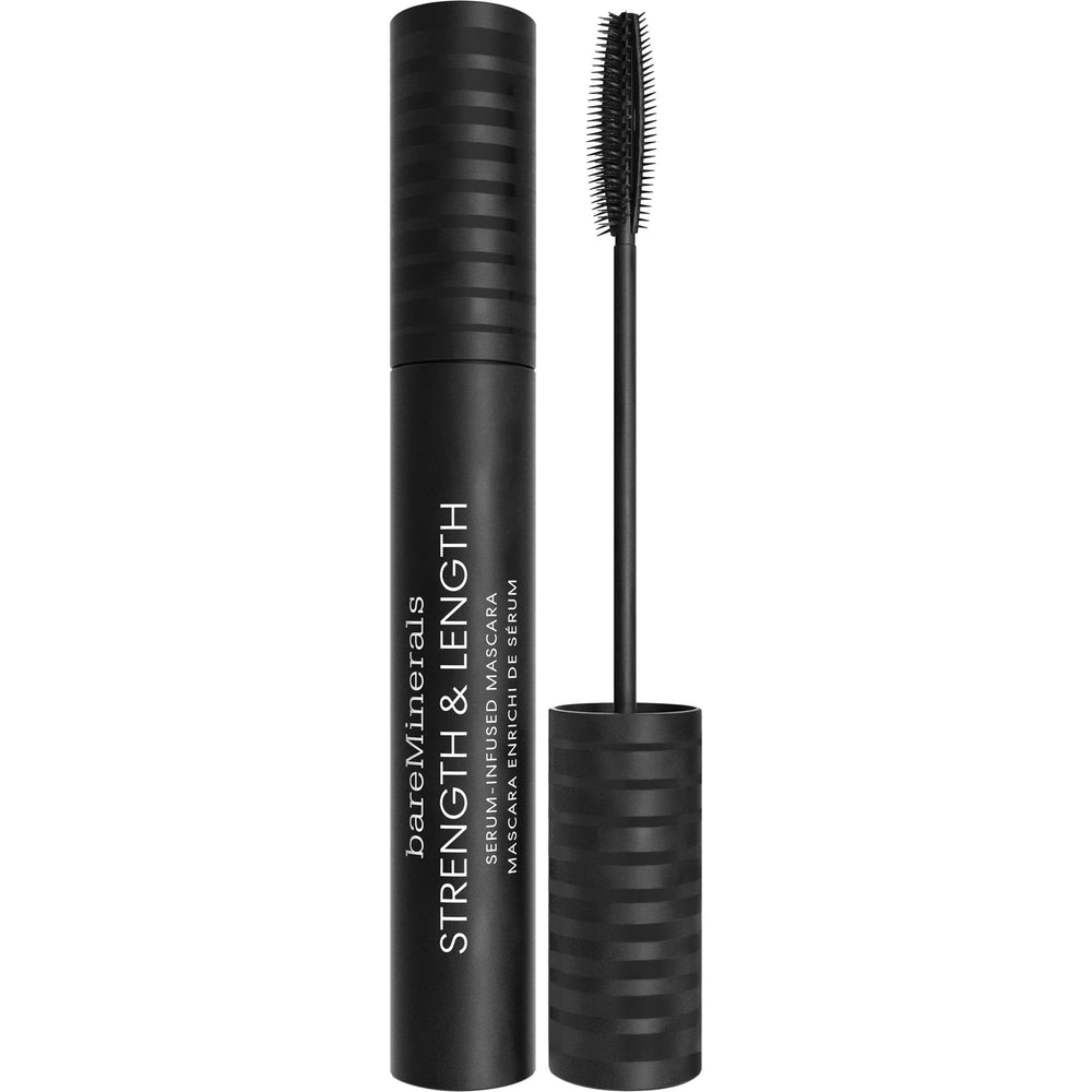 bareminerals Strength and Length Serum-Infused Mascara bottle highlights vegan formula for everyday length