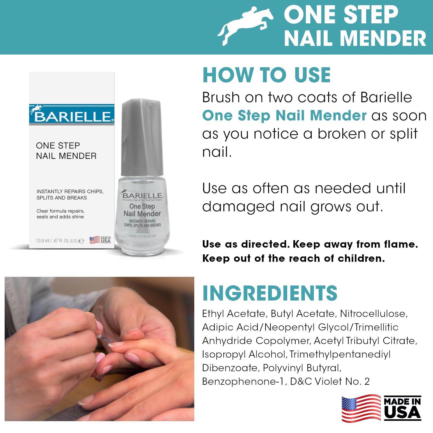 Barielle One Step Mender refuerza la uña para mayor durabilidad del esmalte.