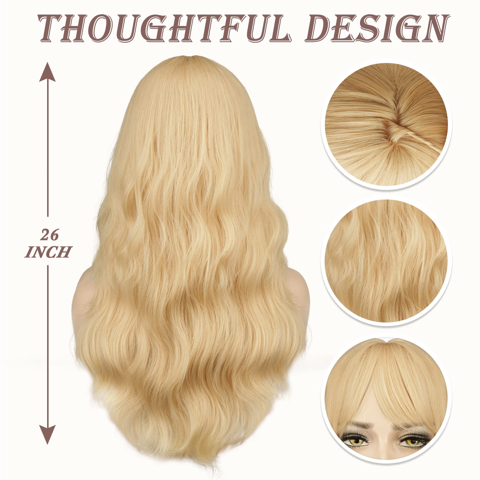 BARSDAR long wavy blonde wig with bangs, back view highlights full silhouette.