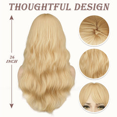 BARSDAR long wavy blonde wig with bangs, back view highlights full silhouette.