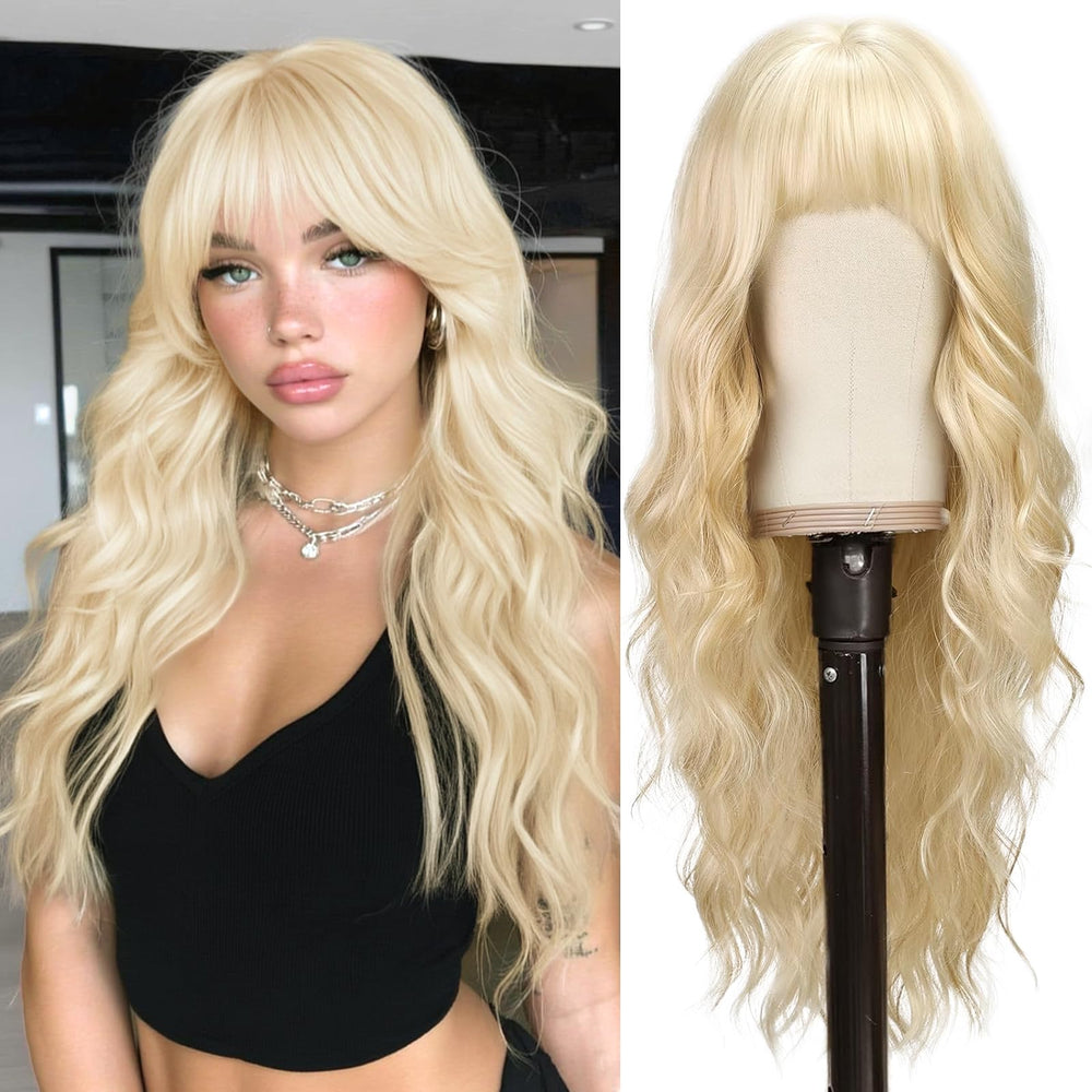 BARSDAR long wavy blonde wig with bangs, front view for natural daily glamour and easy styling.