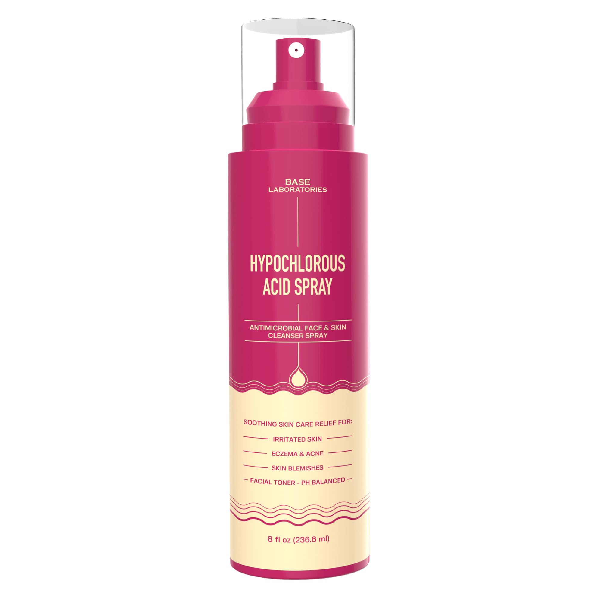 BASE LABORATORIES: spray hipocloroso para rostro en botella, ideal para uso diario en piel sensible.