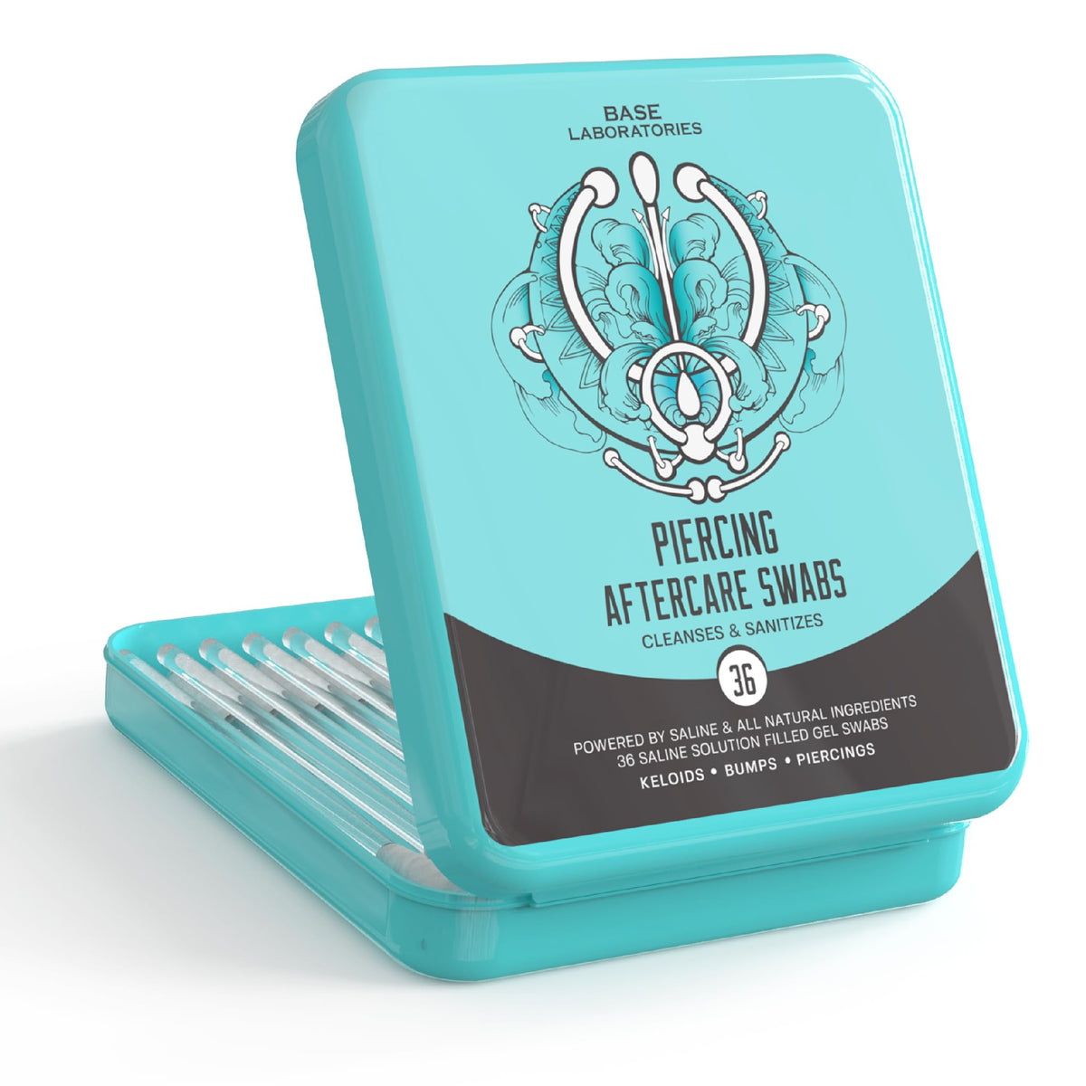 BASE LABORATORIES gel de cuidado para piercings, empaque sanitario práctico.