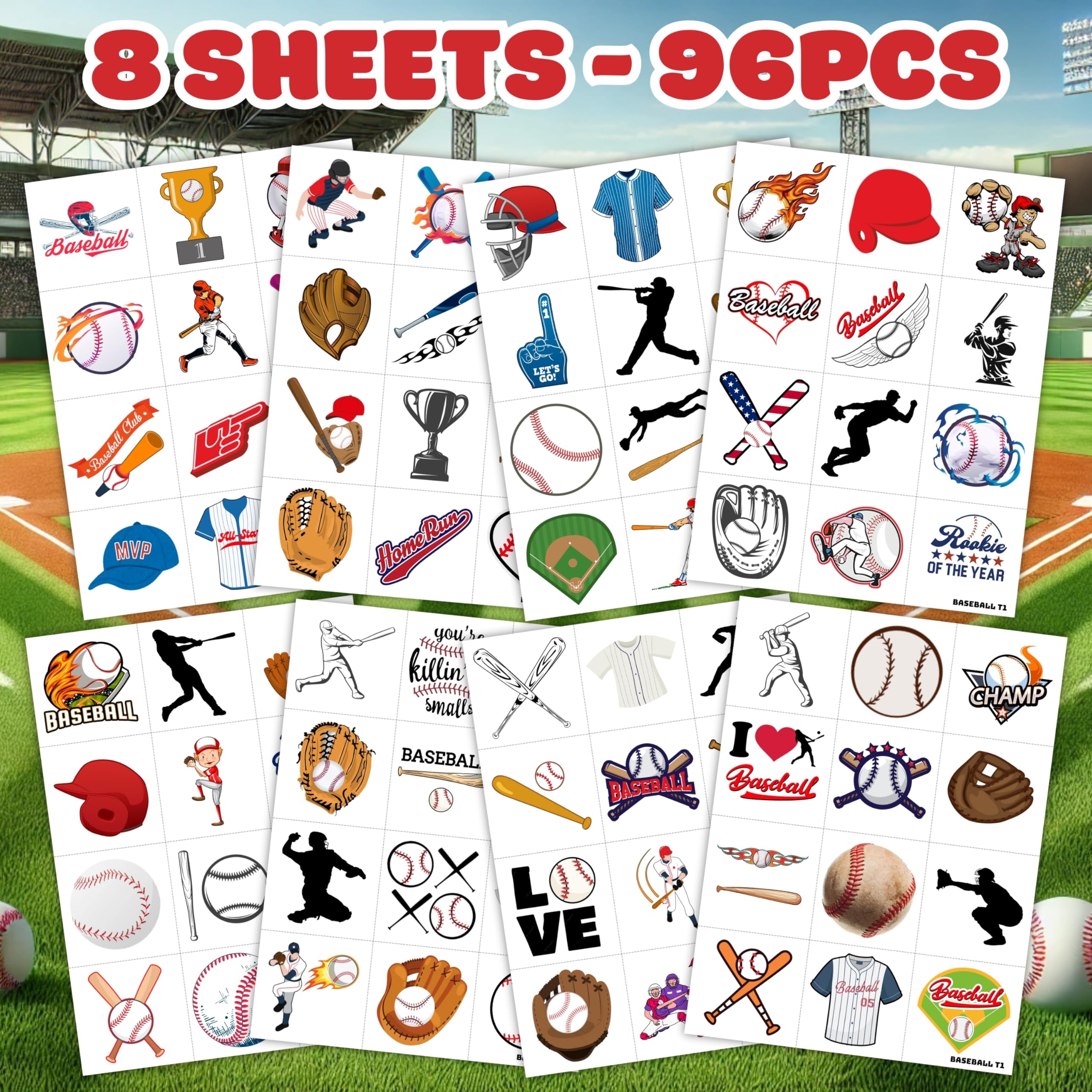 Baseball tattoos 96PCS sheet 3 ideal for birthday decorations and games