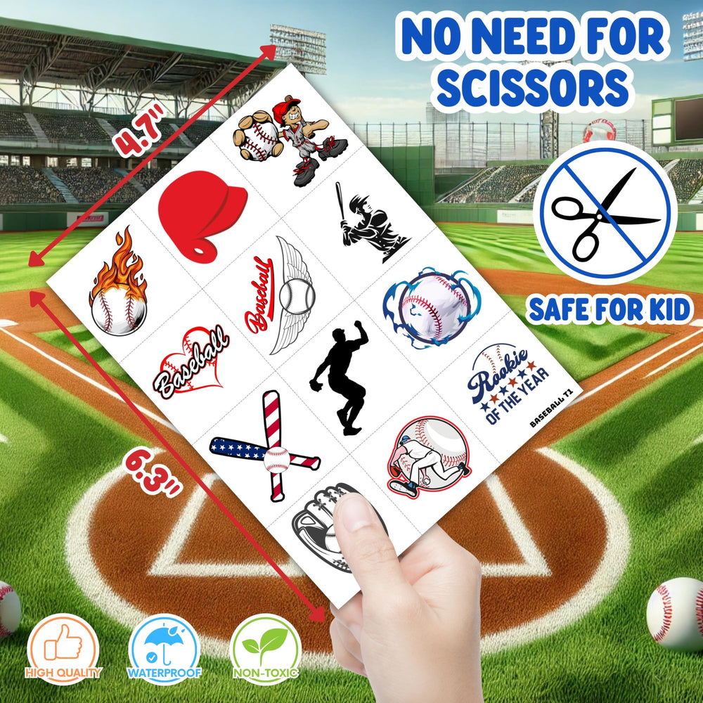 Baseball tattoos 96PCS sheet 6 tear-by-hand design for quick party prep