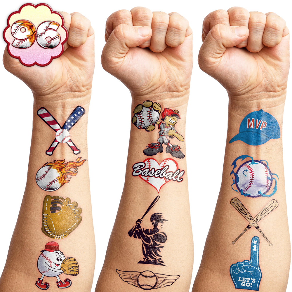 Baseball tattoos 96PCS sheet 9 eco-friendly materials with kid-friendly graphics