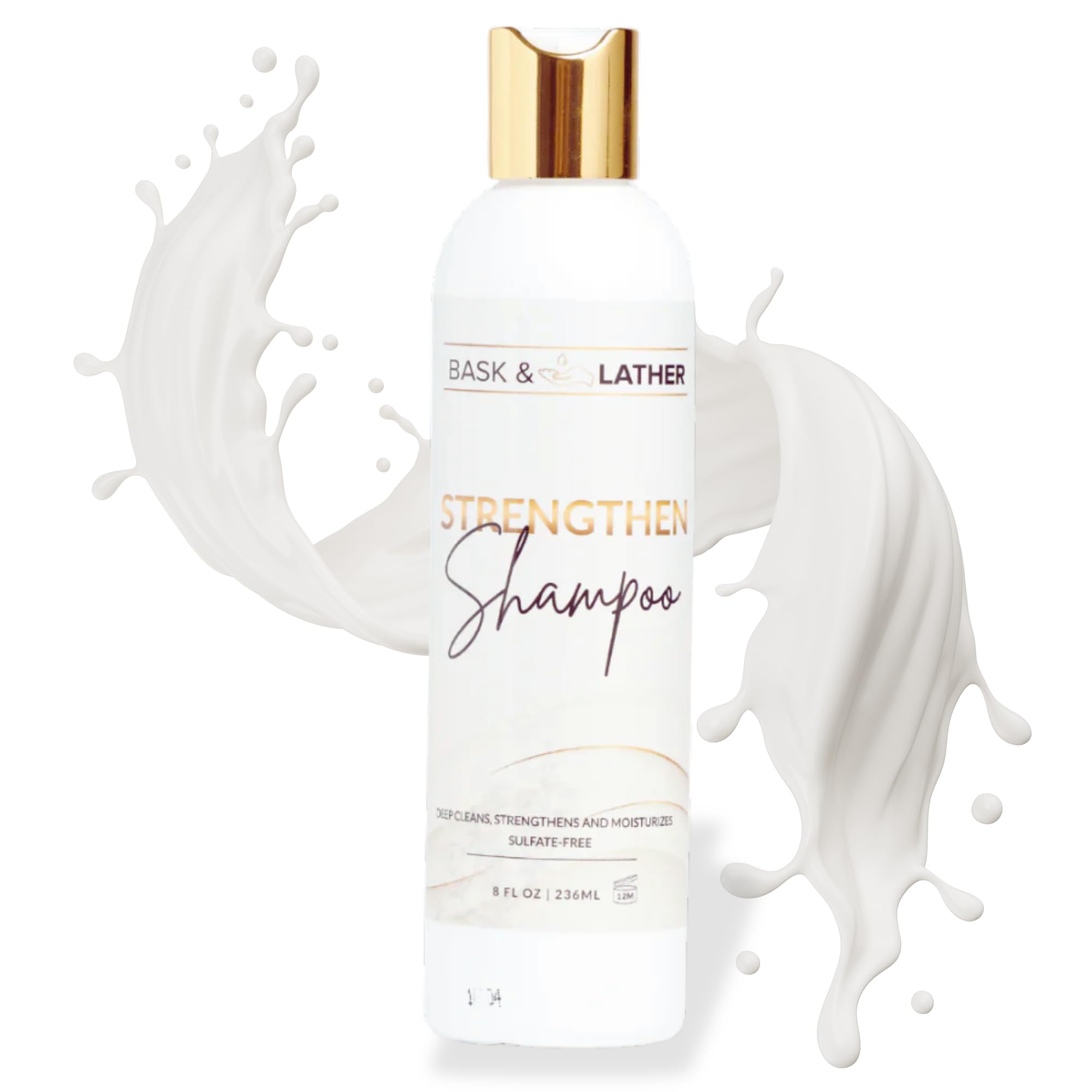 Bask & Lather Strengthen Hair Shampoo bottle emphasizes gentle cleansing