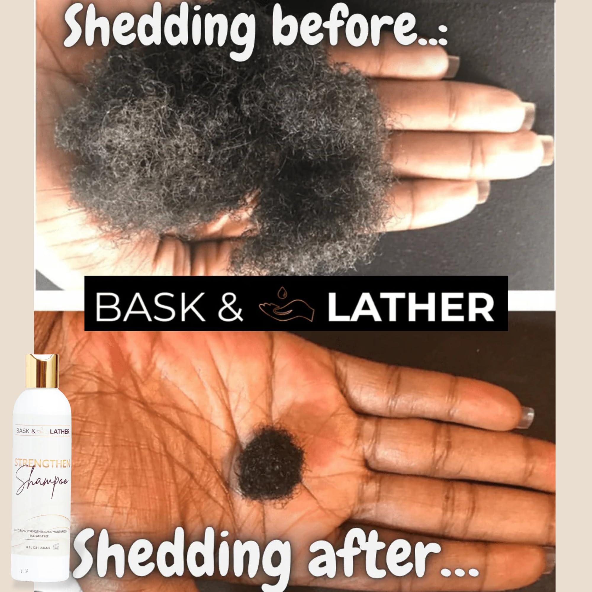 Bask & Lather Strengthen Hair Shampoo is being poured, highlighting the gentle formula