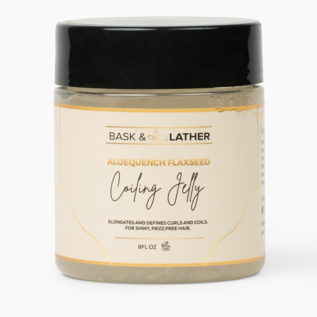 Bask & Lather Aloequench Flaxseed Jelly bottle close-up highlighting hydrating curls.