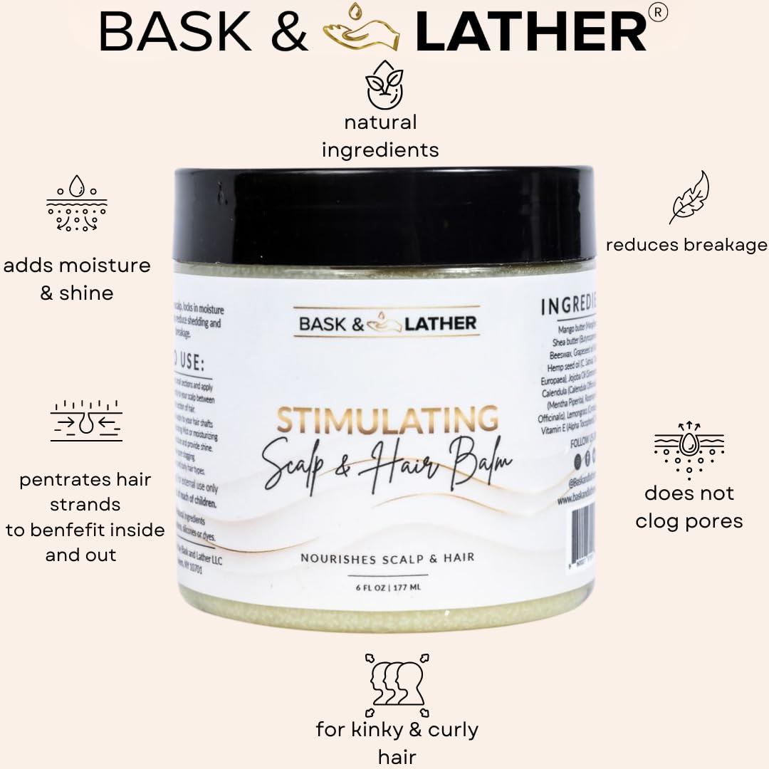Bask & Lather balm being applied to hair strands for frizz control and shine