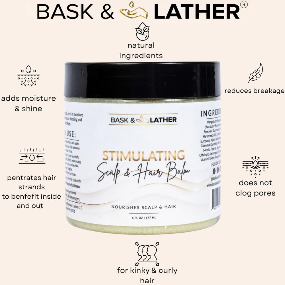 Bask & Lather balm being applied to hair strands for frizz control and shine