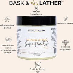Bask & Lather balm being applied to hair strands for frizz control and shine