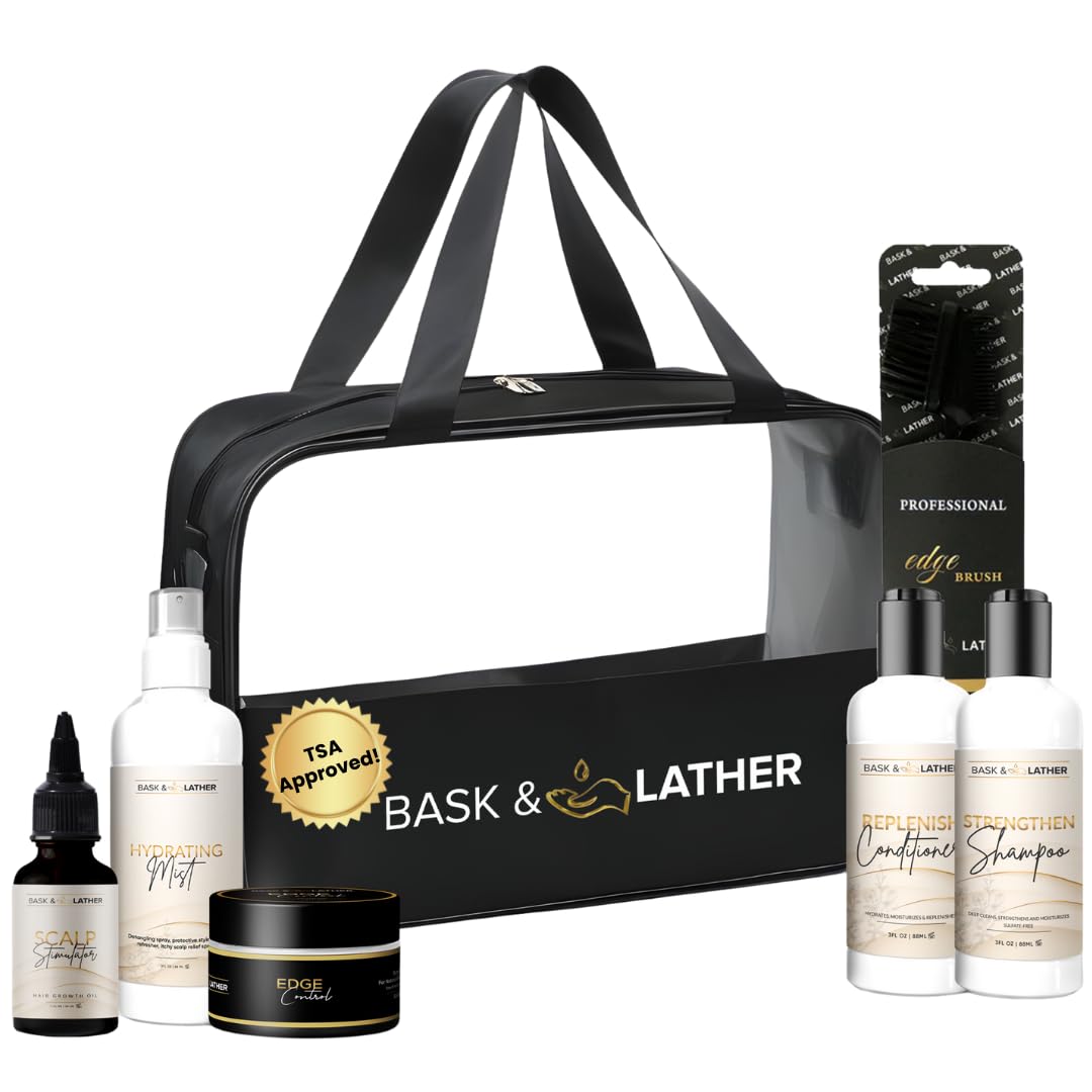 Bask & Lather On The Go shampoo bottle for textured hair, travel-ready hydration.