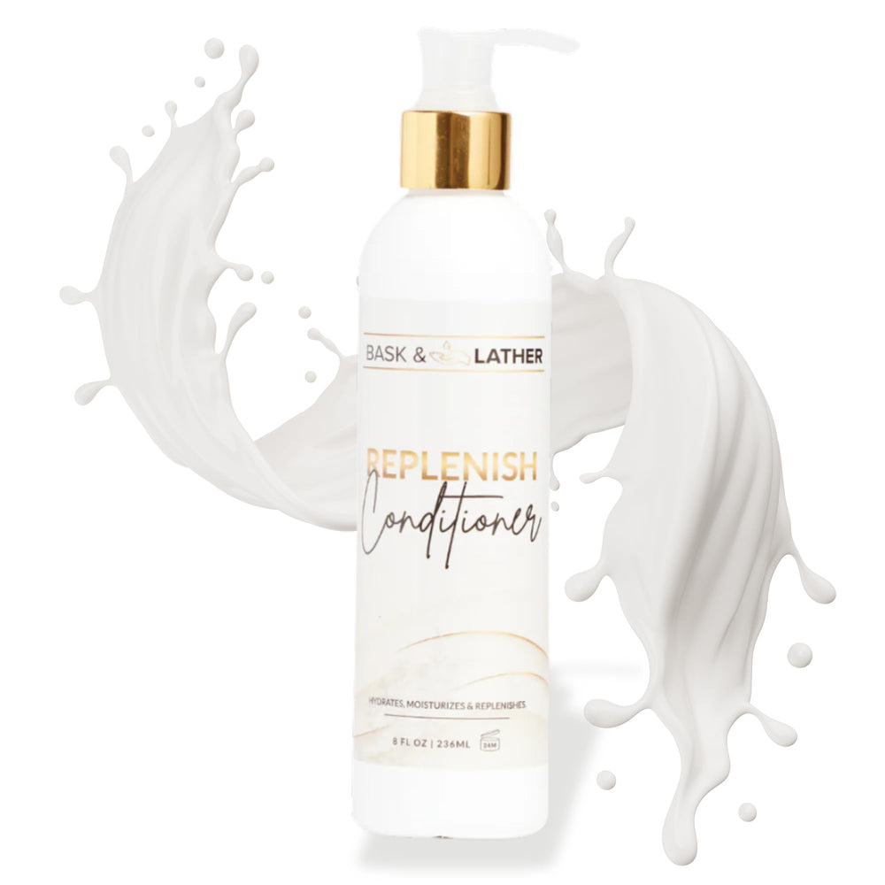 BASK & LATHER Replenish Conditioner bottle highlights deep hydration and color-safe care.