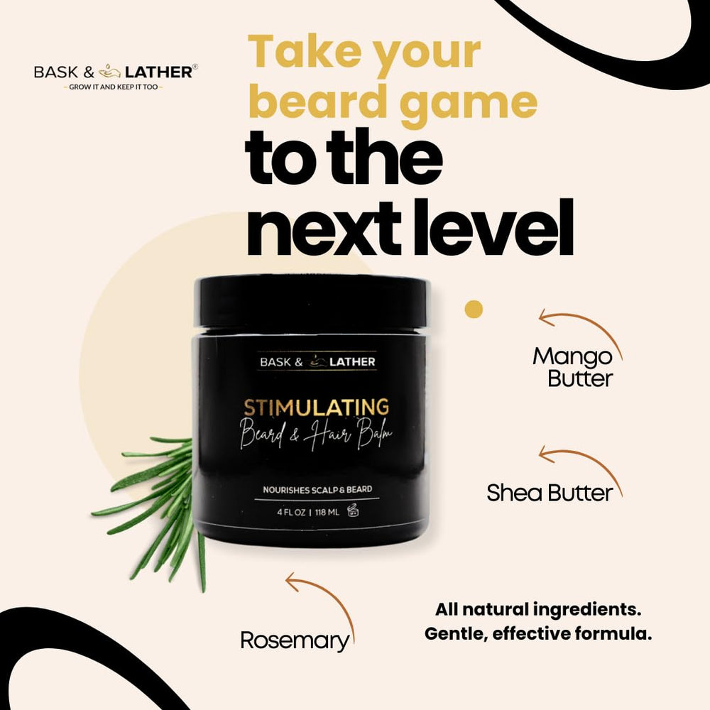 Bask & Lather balm bottle shows natural oils and ingredients