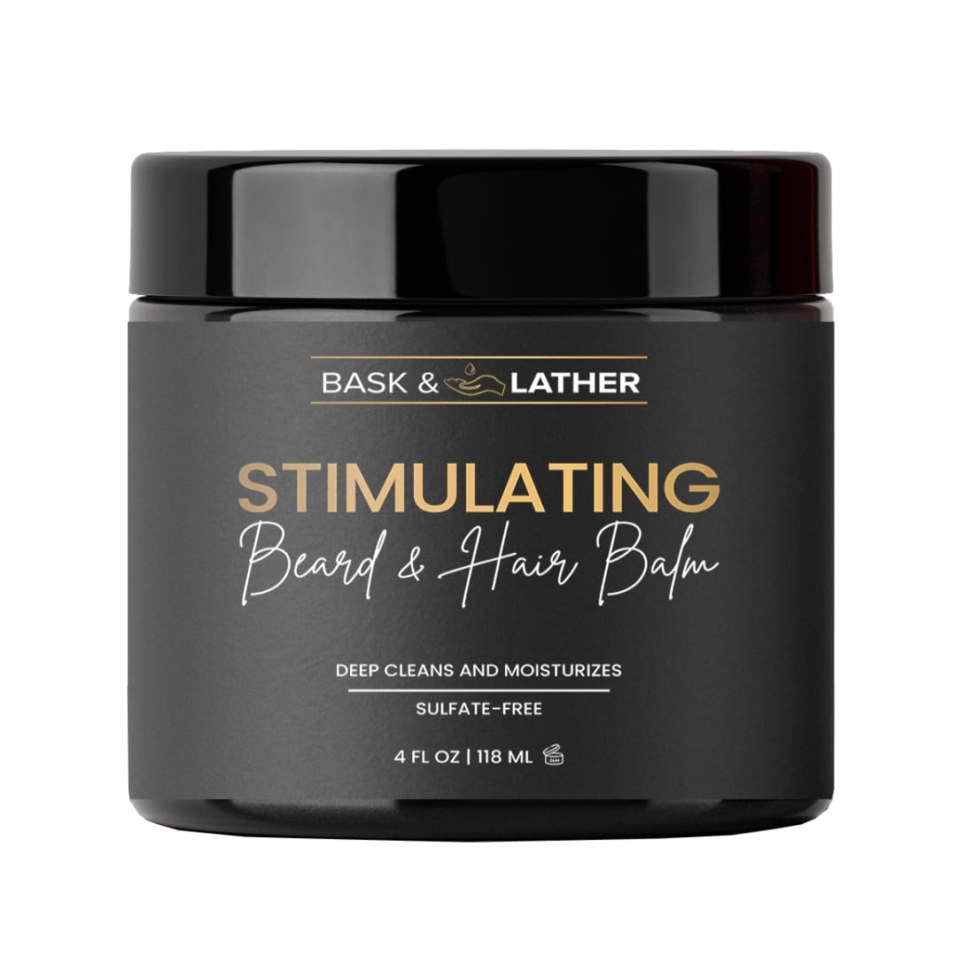 Bask & Lather Stimulating Hair & Beard Balm jar front, nourishes scalp and hair