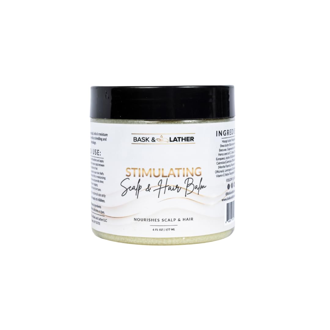 Bask & Lather stimulating scalp balm bottle for soothing scalp care and long-lasting moisture