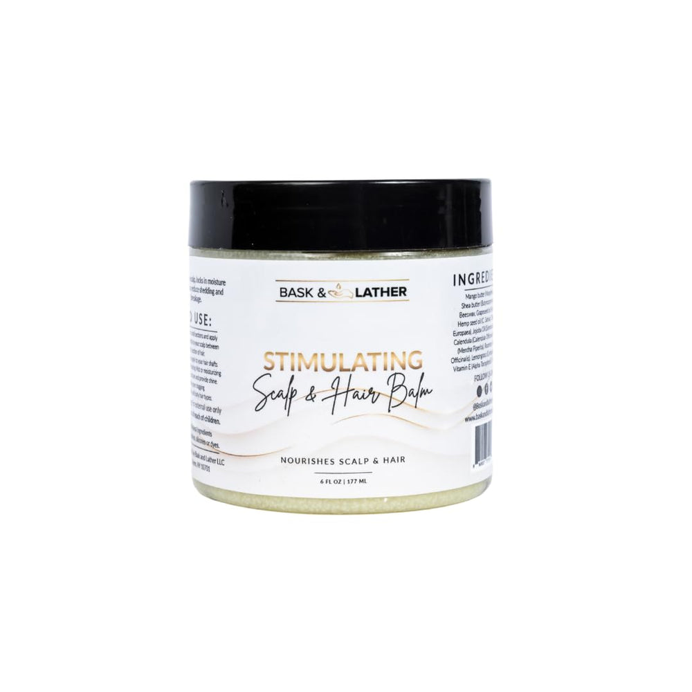 Bask & Lather stimulating scalp balm bottle for soothing scalp care and long-lasting moisture