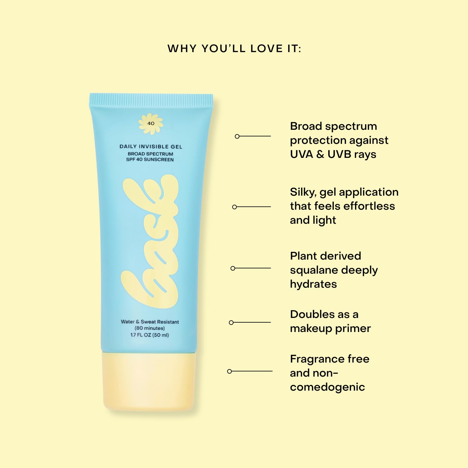 Bask SPF 40 de amplio espectro, protección diaria para piel sensible.