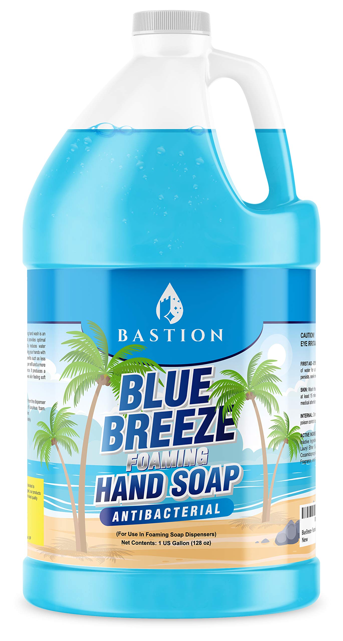 Bastion Blue Breeze bottle pour showing antibacterial foaming soap for quick hand cleansing.