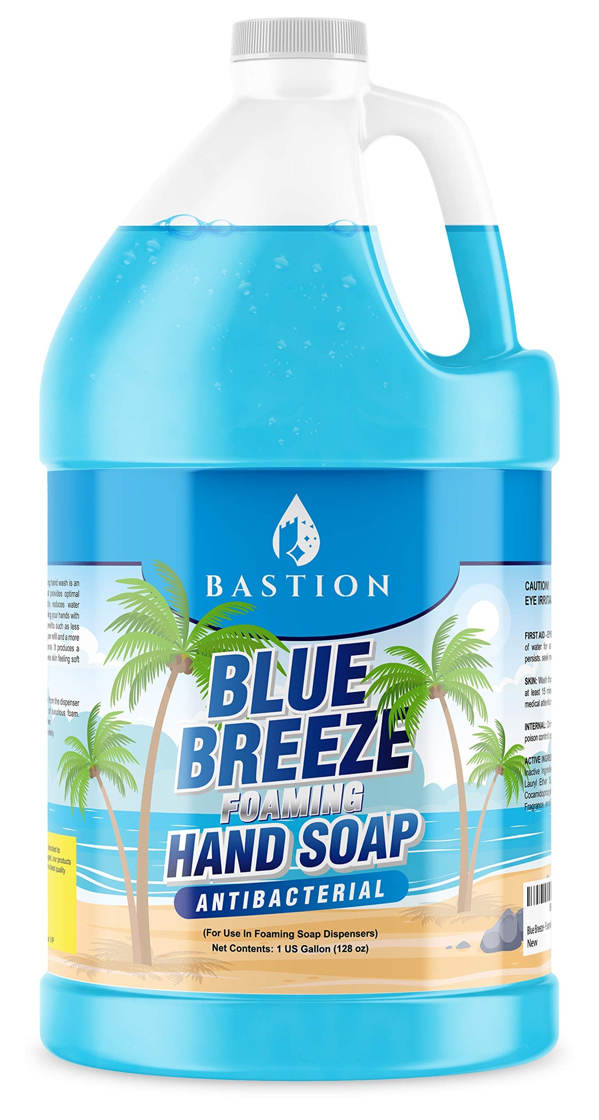Bastion Blue Breeze bottle pour showing antibacterial foaming soap for quick hand cleansing.