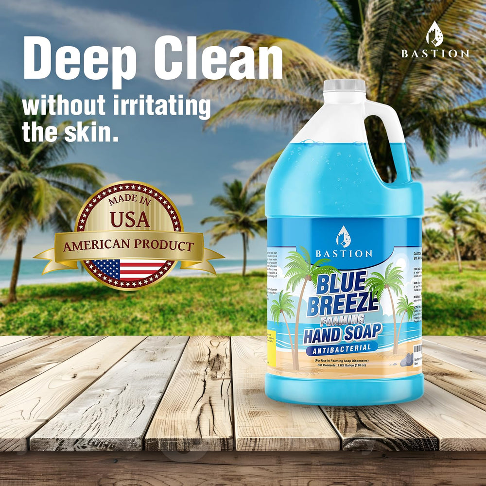Bastion Blue Breeze label closeup highlights product features and fragrance.