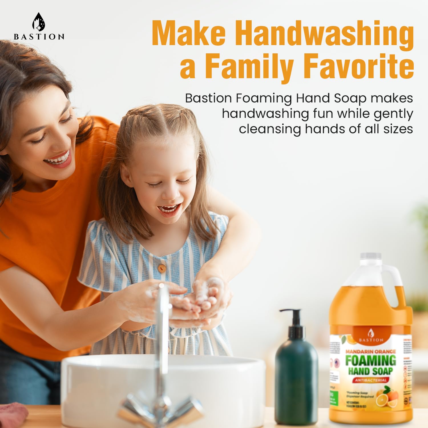 Bastion Mandarin Orange scented bottle on sink for fresh fragrance.
