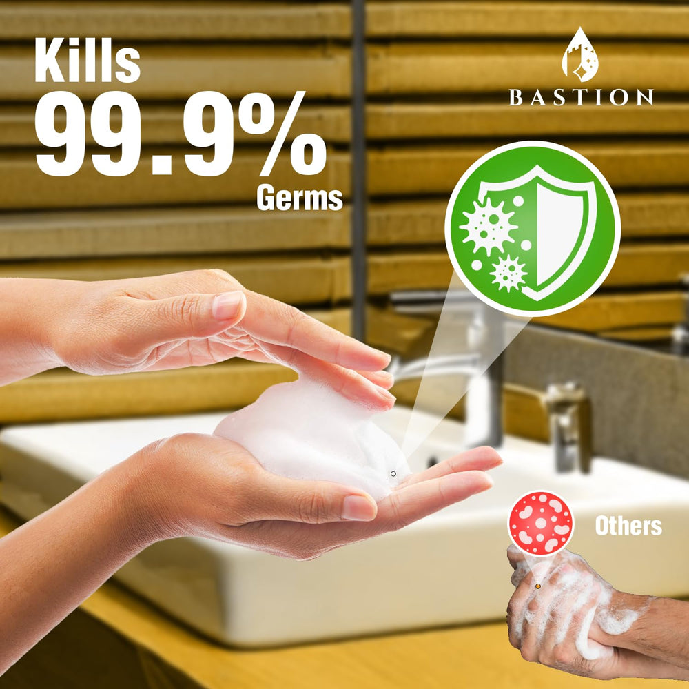 Bastion moisturizing foam on hands highlights soft, comfortable wash.
